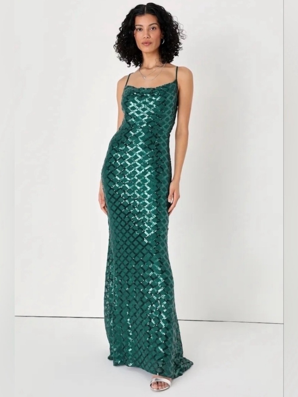 Lulu's Emerald Sequin Cowl Slip Gown - Picture 2 of 9